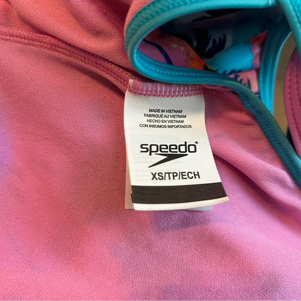 Speedo Girls One Piece Swim‎ Suit Tropical Palm Trees XS Pink Blue Orange
